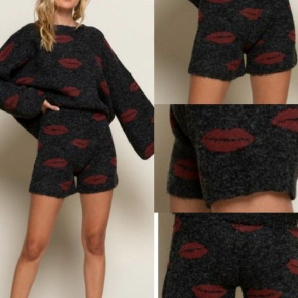 💋 NWOT, LAST ONE!! POL High-Waist Dark Grey-Black Sweater Shorts w/Lip Print - S - Picture 1 of 3